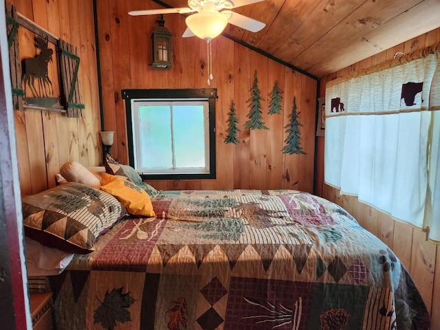 106 Nanas Ln, Concord, VT 05824 - bedroom with wood ceiling, wooden walls, and a ceiling fan
