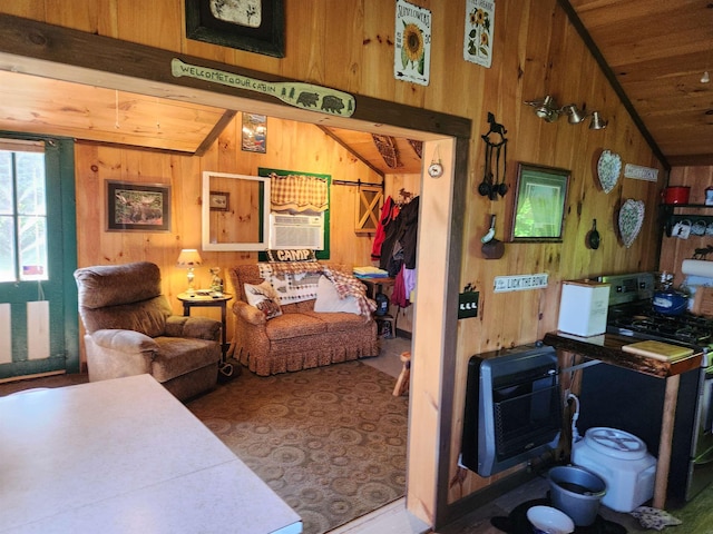 106 Nanas Ln, Concord, VT 05824 - living room with wooden walls, wood ceiling, and vaulted ceiling