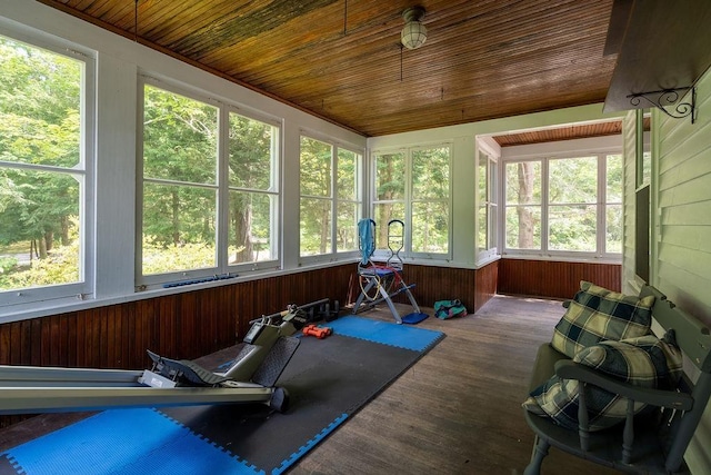 49 Mason Rd, Brookline, NH 03033 - exercise area with healthy amount of natural light, wood ceiling, wood walls, and wood finished floors