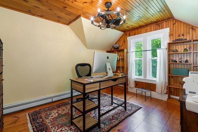 49 Mason Rd, Brookline, NH 03033 - office space with lofted ceiling, a baseboard heating unit, hardwood / wood-style flooring, a chandelier, and wood walls