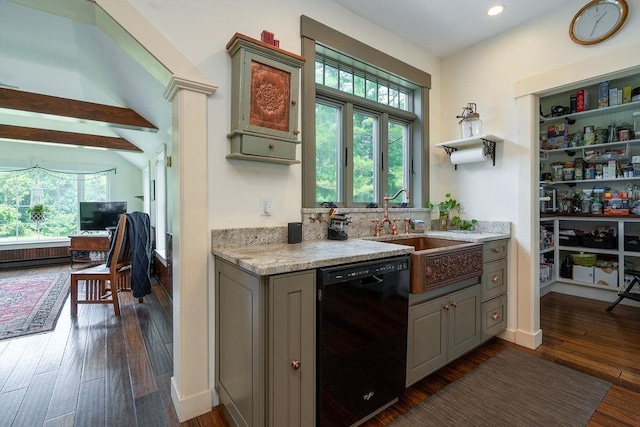 49 Mason Rd, Brookline, NH 03033 - kitchen featuring dishwasher, gray cabinets, dark wood-type flooring, recessed lighting, and light stone countertops