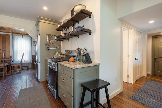 49 Mason Rd, Brookline, NH 03033 - kitchen featuring stainless steel appliances, gray cabinets, open shelves, dark wood finished floors, and recessed lighting