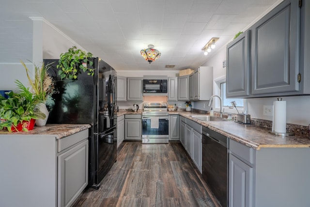15 Prospect St, Farmington, NH 03835 - kitchen featuring black appliances, gray cabinetry, and dark wood-style floors
