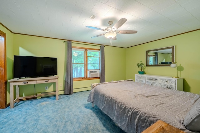 15 Prospect St, Farmington, NH 03835 - carpeted bedroom with ornamental molding, cooling unit, a baseboard radiator, and a ceiling fan
