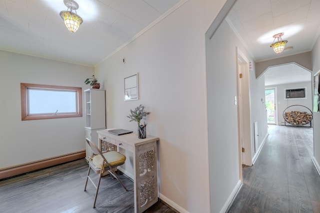 15 Prospect St, Farmington, NH 03835 - office space featuring crown molding, wood finished floors, arched walkways, and a baseboard heating unit