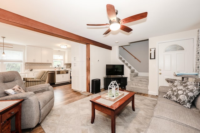 2L Homestead Dr Unit L, Derry, NH 03038 - living area with stairway, a ceiling fan, and light wood finished floors