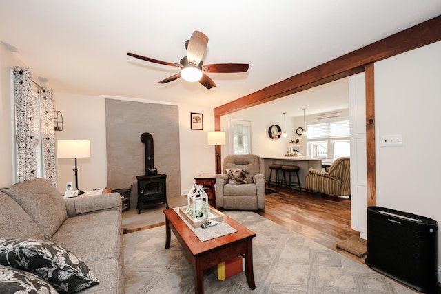 2L Homestead Dr Unit L, Derry, NH 03038 - living room with a wood stove, ceiling fan, and light wood-style flooring
