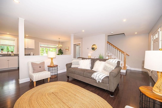 9 Marshall Rd, Kingston, NH 03848 - living area with dark wood-style flooring, stairs, a chandelier, and recessed lighting