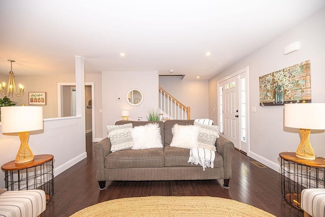 9 Marshall Rd, Kingston, NH 03848 - living area featuring hardwood / wood-style floors, stairway, a chandelier, and recessed lighting
