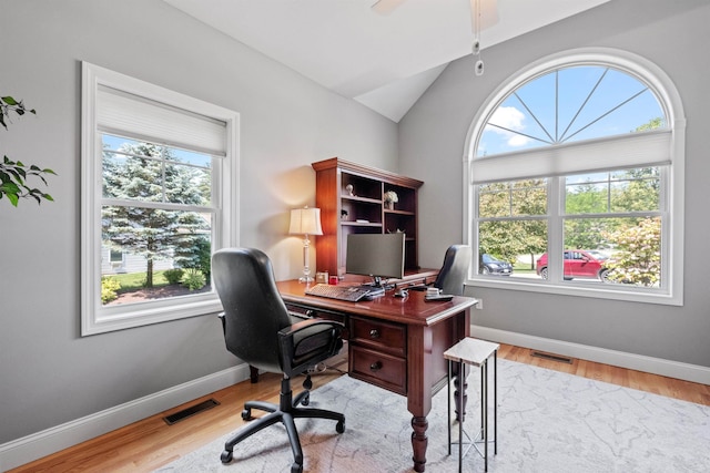 47 Misty Oak Dr, Concord, NH 03301 - office space featuring a ceiling fan, light wood-type flooring, and vaulted ceiling