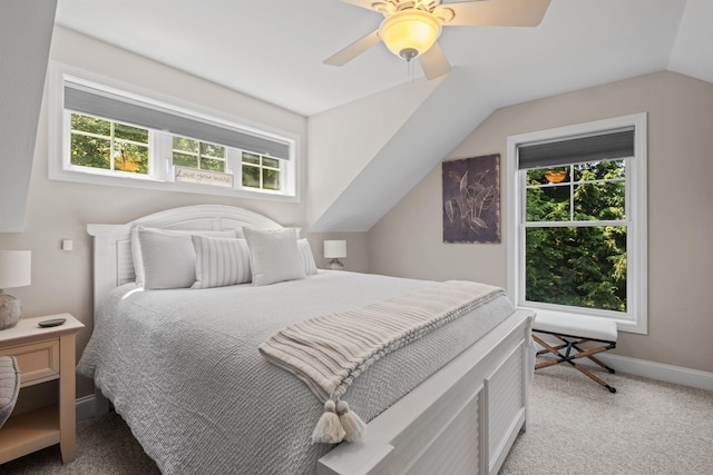 47 Misty Oak Dr, Concord, NH 03301 - bedroom featuring lofted ceiling, light carpet, multiple windows, and a ceiling fan