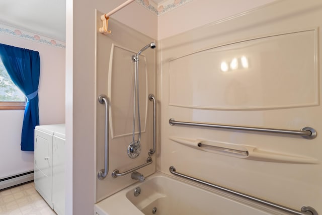 1A Rowland St, Somersworth, NH 03878 - bathroom featuring washing machine and dryer,  shower combination, and a baseboard heating unit