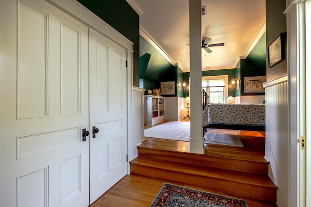 109 Reserve Pl, Concord, NH 03301 - staircase featuring crown molding, wood finished floors, and ceiling fan