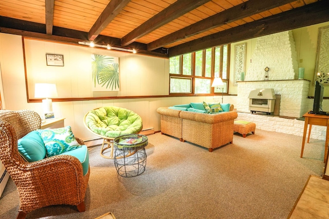 59 Langdorf St, Moultonborough, NH 03254 - carpeted living area featuring a baseboard radiator, a wooden ceiling with exposed beams, and a wood stove