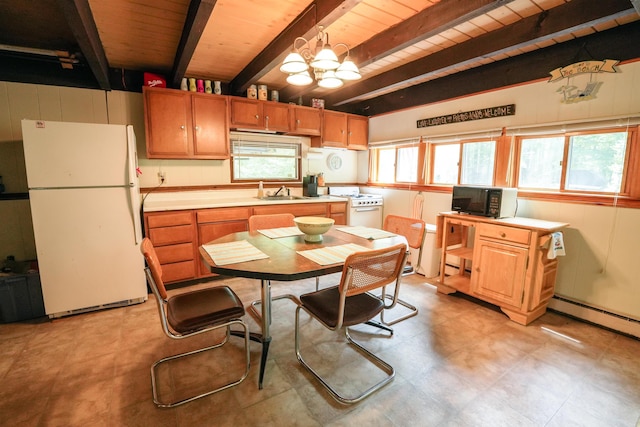 59 Langdorf St, Moultonborough, NH 03254 - kitchen featuring white appliances, a chandelier, light countertops, a wooden ceiling with exposed beams, and baseboard heating