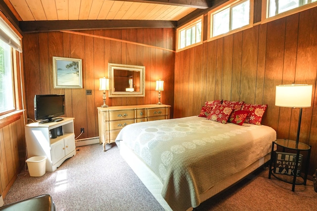 59 Langdorf St, Moultonborough, NH 03254 - carpeted bedroom featuring baseboard heating, multiple windows, wood walls, and a wood ceiling with exposed beams