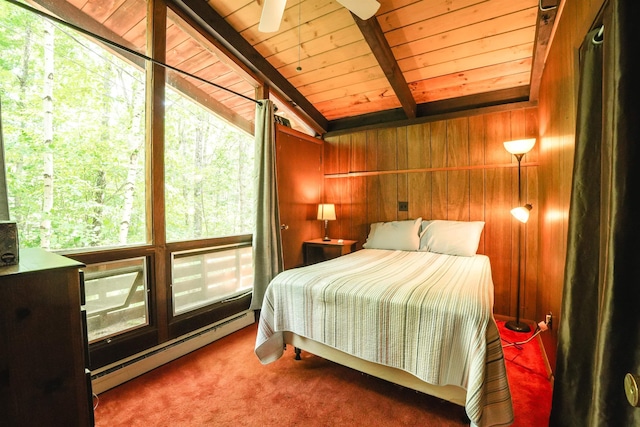 59 Langdorf St, Moultonborough, NH 03254 - carpeted bedroom featuring a baseboard heating unit, wood ceiling, and wood walls