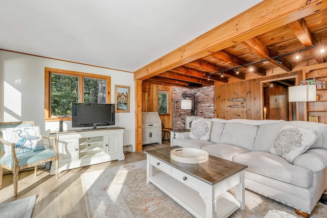 6 Cove Rd, Wakefield, NH 03830 - living room with a wooden ceiling with exposed beams, light wood-style flooring, wood walls, rail lighting, and a baseboard heating unit