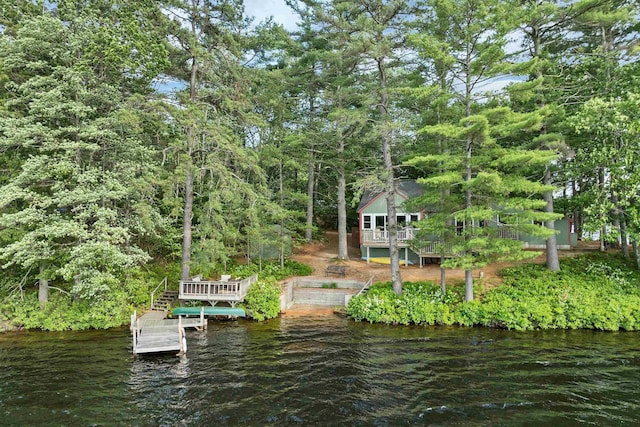 6 Cove Rd, Wakefield, NH 03830 - dock with stairway, a deck with water view, and a view of trees