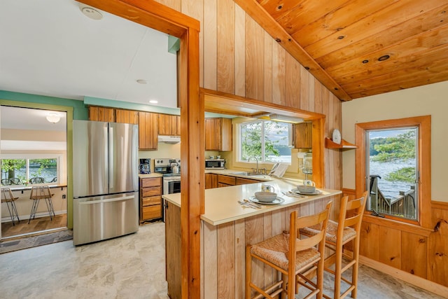 6 Cove Rd, Wakefield, NH 03830 - kitchen featuring appliances with stainless steel finishes, under cabinet range hood, light countertops, plenty of natural light, and wooden walls