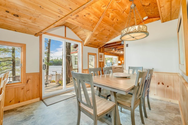 6 Cove Rd, Wakefield, NH 03830 - dining room with wooden ceiling, healthy amount of natural light, a wainscoted wall, and wood walls