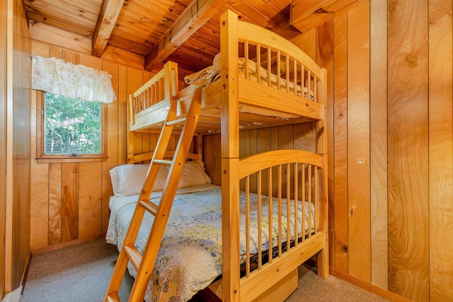 6 Cove Rd, Wakefield, NH 03830 - bedroom featuring carpet flooring, wood walls, and a wooden ceiling with exposed beams