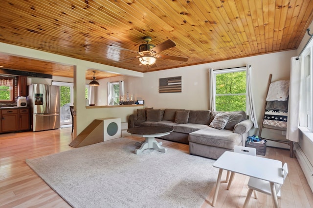 115 Blackwater Rd, Somersworth, NH 03878 - living room with light wood-style flooring, wooden ceiling, and a ceiling fan