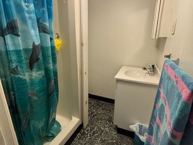 131 Gilmanton Rd, Belmont, NH 03220 - bathroom featuring vanity, curtained shower, and marble finish flooring