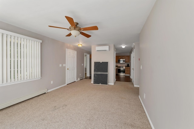 590 Shaker Rd, Canterbury, NH 03224 - unfurnished living room with an AC wall unit, light colored carpet, a baseboard radiator, and a ceiling fan