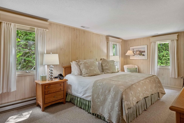 98 Marys Rd, Sunapee, NH 03782 - bedroom with a baseboard radiator, multiple windows, light carpet, wooden walls, and a textured ceiling