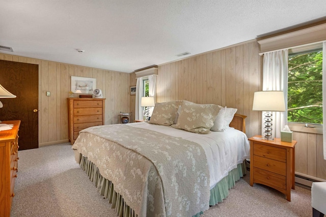 98 Marys Rd, Sunapee, NH 03782 - bedroom featuring carpet, wooden walls, a baseboard radiator, and a textured ceiling