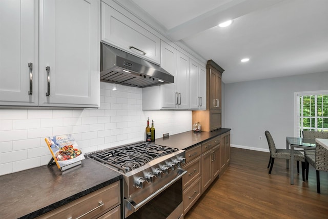 292 Forest Rd, Wolfeboro, NH 03894 - kitchen with stainless steel range, under cabinet range hood, dark countertops, dark wood-type flooring, and decorative backsplash