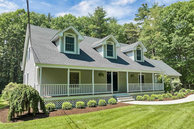 292 Forest Rd, Wolfeboro, NH 03894 - cape cod house featuring a porch, a front yard, roof with shingles, and view of scattered trees
