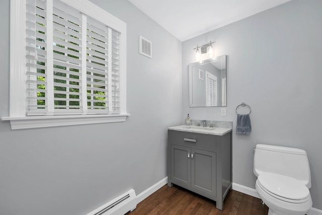 292 Forest Rd, Wolfeboro, NH 03894 - half bathroom with wood finished floors, vanity, and a baseboard radiator