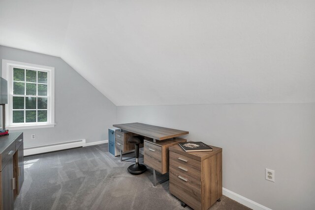 292 Forest Rd, Wolfeboro, NH 03894 - office featuring a baseboard heating unit, lofted ceiling, and carpet