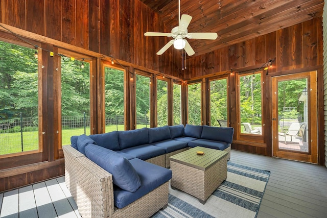 292 Forest Rd, Wolfeboro, NH 03894 - sunroom featuring vaulted ceiling, a ceiling fan, and an outdoor living space