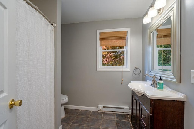 27 Wentworth Ter, Dover, NH 03820 - full bathroom with a baseboard heating unit, vanity, tile patterned flooring, and a shower with shower curtain