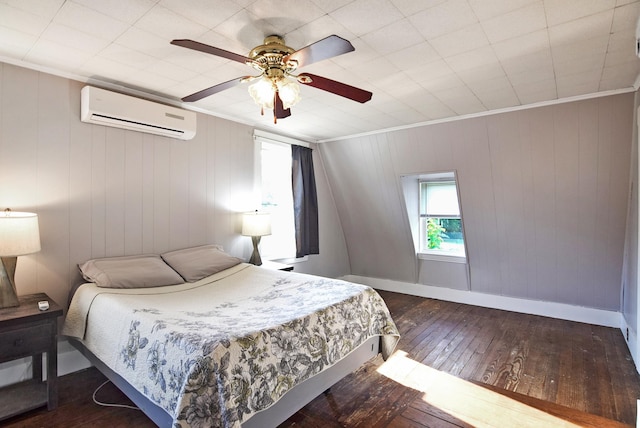 49 Bowker St, Claremont, NH 03743 - bedroom with a wall mounted AC, hardwood / wood-style floors, ornamental molding, ceiling fan, and wooden walls