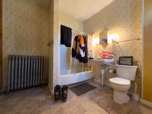50 Lane Ridge Rd, Claremont, NH 03743 - bathroom featuring radiator heating unit, wallpapered walls, shower / bath combo with shower curtain, and tile patterned floors
