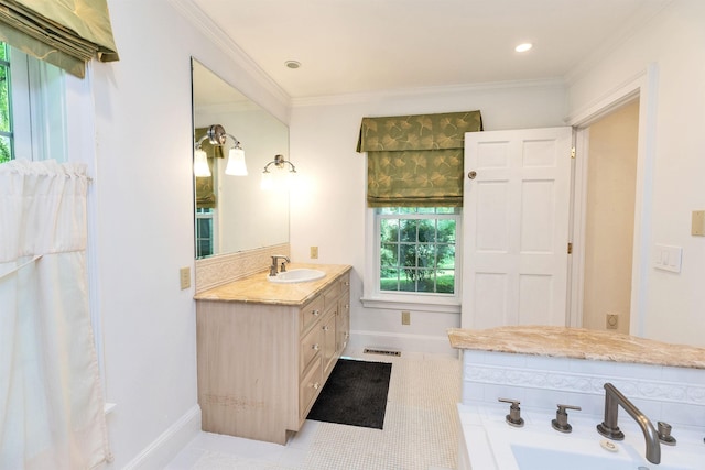 16 Storybrook Ln, Amherst, NH 03031 - bathroom with vanity, ornamental molding, tile patterned flooring, and a bathtub