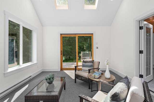 71 Plummer Hill Rd, Belmont, NH 03220 - living area with lofted ceiling, a baseboard heating unit, plenty of natural light, carpet, and a skylight