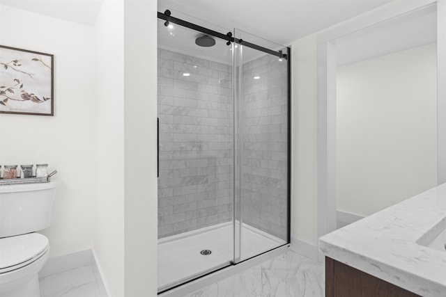 71 Plummer Hill Rd, Belmont, NH 03220 - bathroom with marble look tile flooring, vanity, and a shower stall