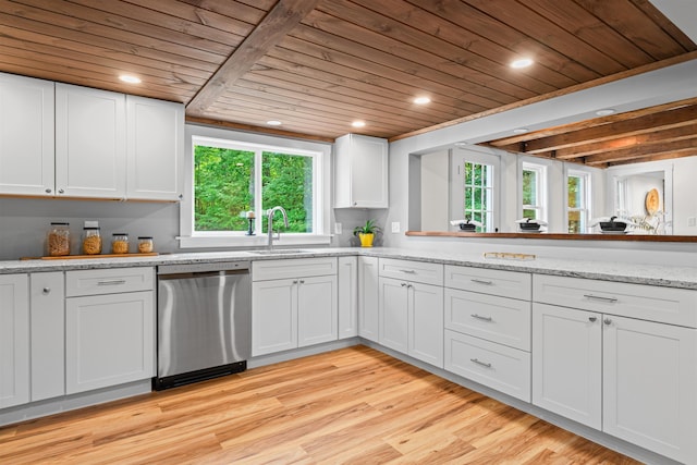 71 Plummer Hill Rd, Belmont, NH 03220 - kitchen with stainless steel dishwasher, wooden ceiling, white cabinetry, light wood-type flooring, and recessed lighting