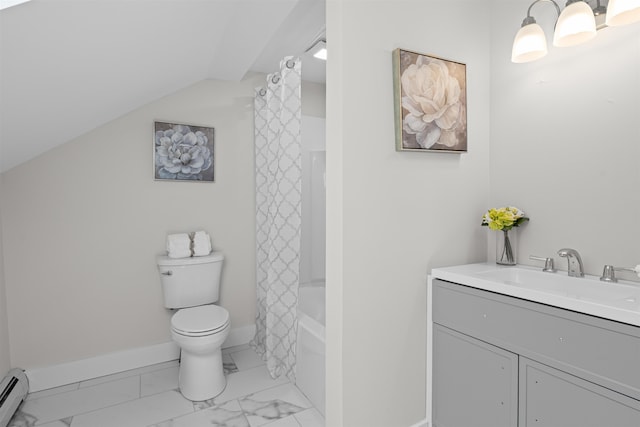 71 Plummer Hill Rd, Belmont, NH 03220 - full bath featuring shower / bath combo with shower curtain, marble finish flooring, a baseboard heating unit, vanity, and vaulted ceiling