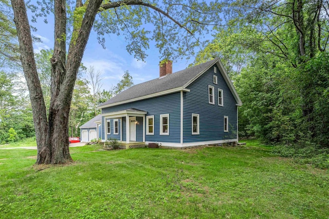 71 Plummer Hill Rd, Belmont, NH 03220 - view of front of property with a chimney, a front lawn, a garage, and roof with shingles