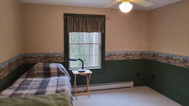 987 Dunbar Hill Rd, Grantham, NH 03753 - carpeted bedroom with baseboard heating, wallpapered walls, and a ceiling fan