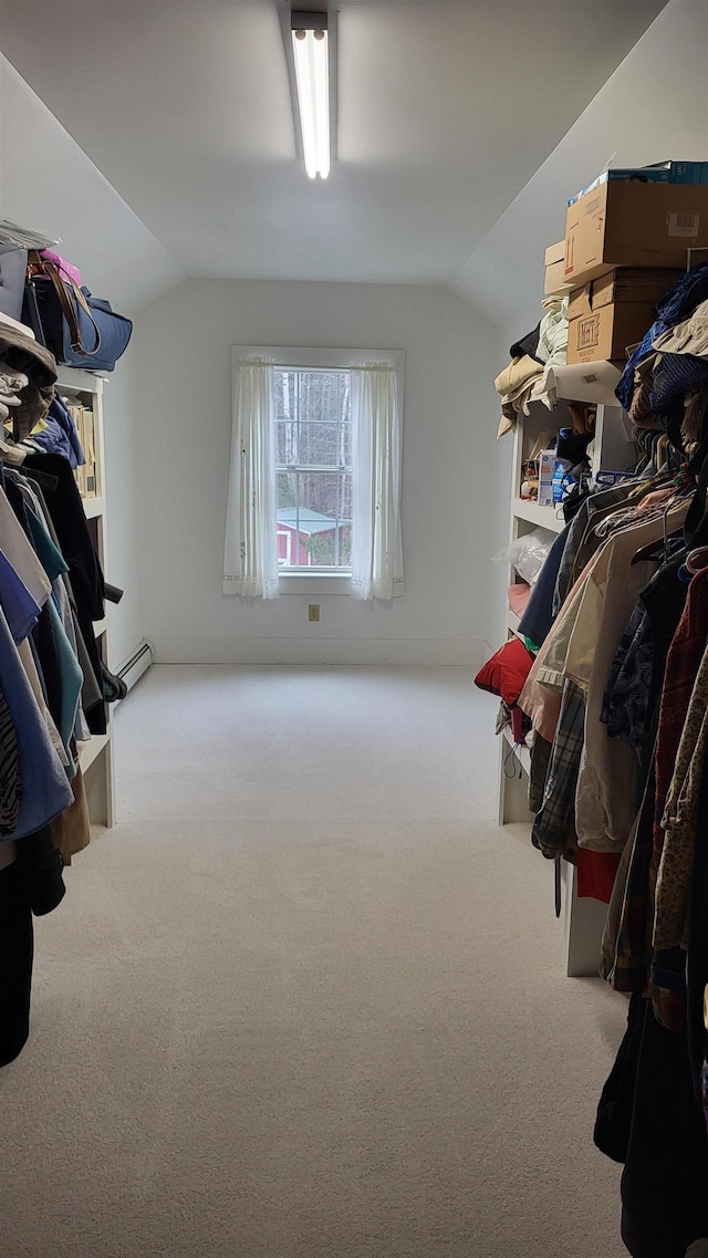 987 Dunbar Hill Rd, Grantham, NH 03753 - spacious closet featuring vaulted ceiling, carpet floors, and a baseboard radiator