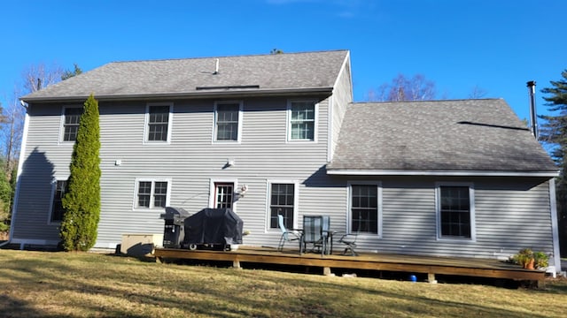 987 Dunbar Hill Rd, Grantham, NH 03753 - back of property with a shingled roof, a yard, and a wooden deck