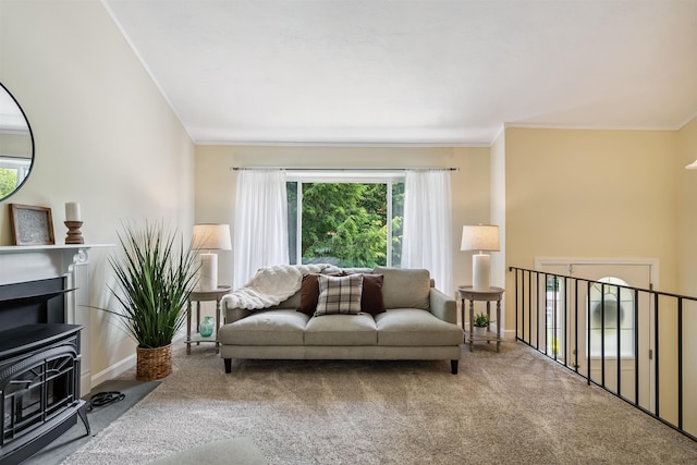5 Cowin Rd, Merrimack, NH 03054 - carpeted living area featuring ornamental molding and a wood stove