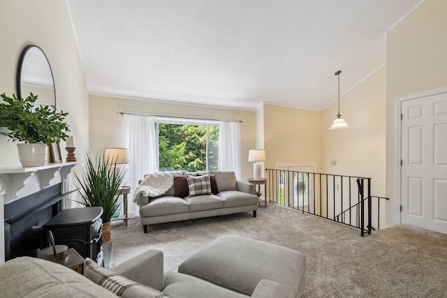 5 Cowin Rd, Merrimack, NH 03054 - carpeted living room featuring crown molding and a wood stove